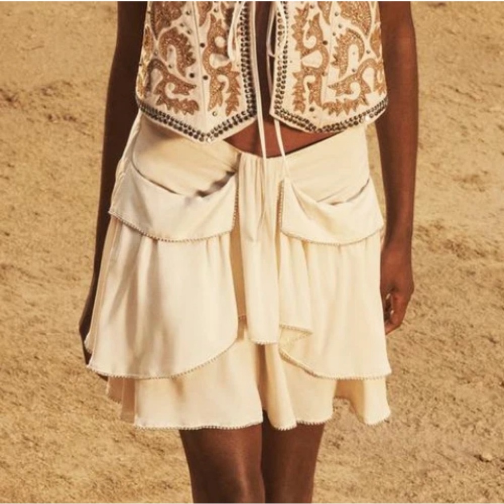 ZARA STUDIO | ECRU VISCOSE RUFFLED POCKET SKIRT W BEADED TRIM
